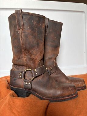Frye Brown Leather Harness Cowboy Boots